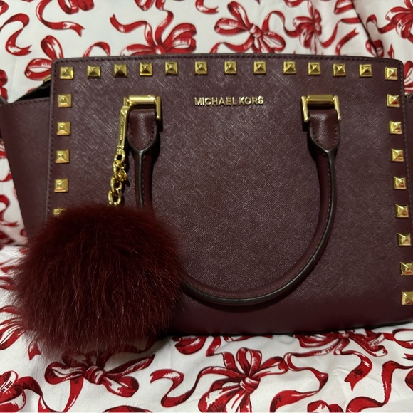 Michael Kors Burgundy Studded Women's Bag and Michael kors keychain - Picture 1 of 4